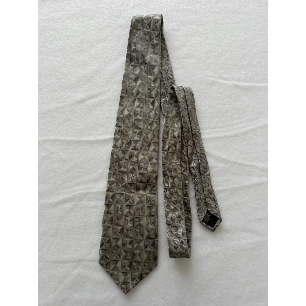 Crazy Horse Necktie Mens OS Geometric Square Gold Grey Silk Excellent